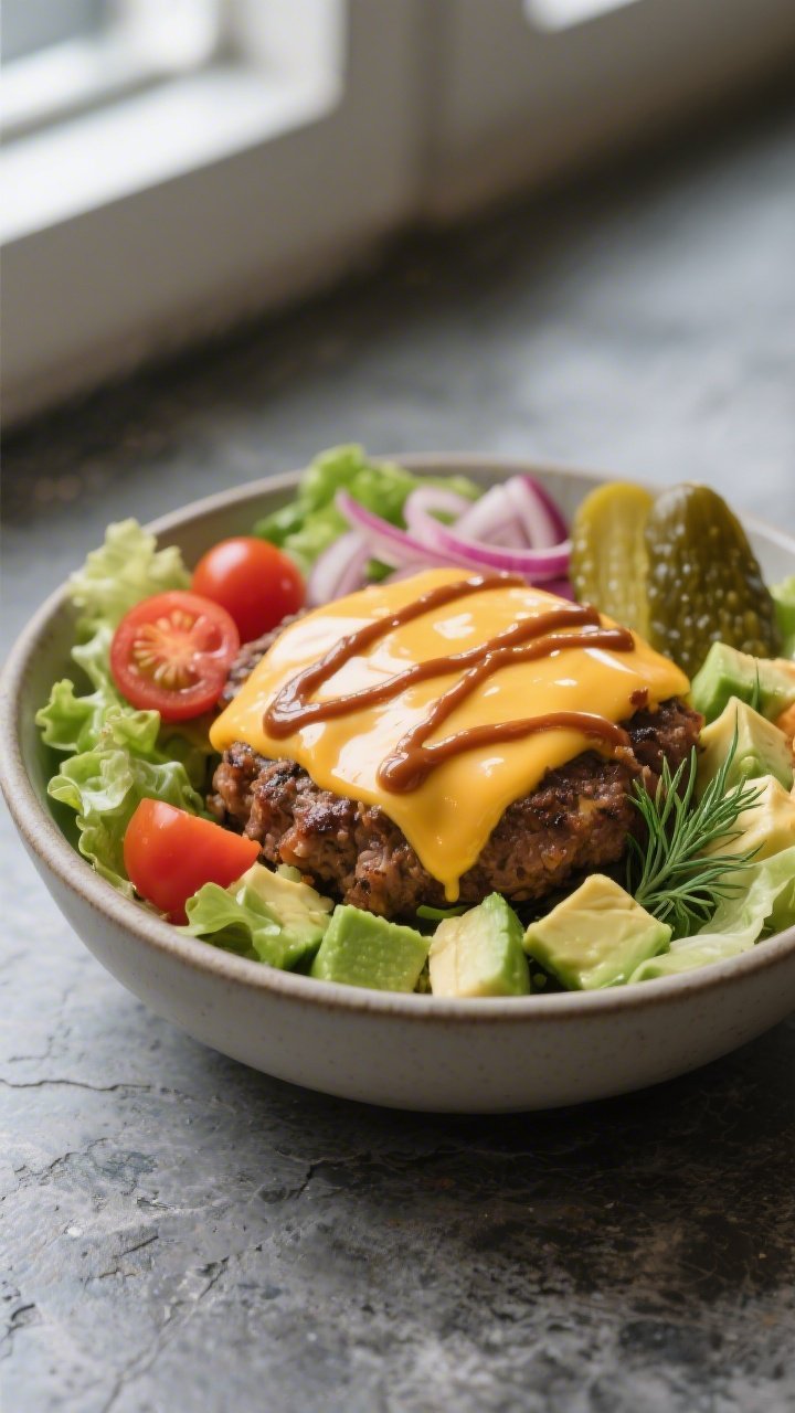 Final plated hero shot, 3/4 angle: Keto Cheeseburger Bowl with glossy melted cheese laced through th