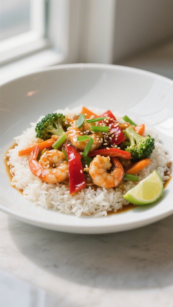 Final plated hero shot: Beautifully plated Garlic Shrimp Stir Fry over fluffy jasmine rice in a wide