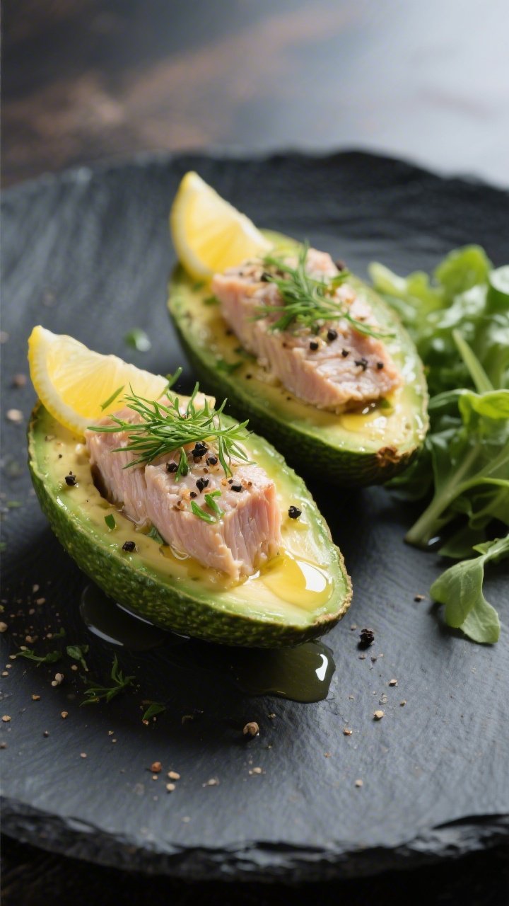 Final plated hero shot: Two avocado tuna boats on a dark slate plate for contrast, edges wiped spotl