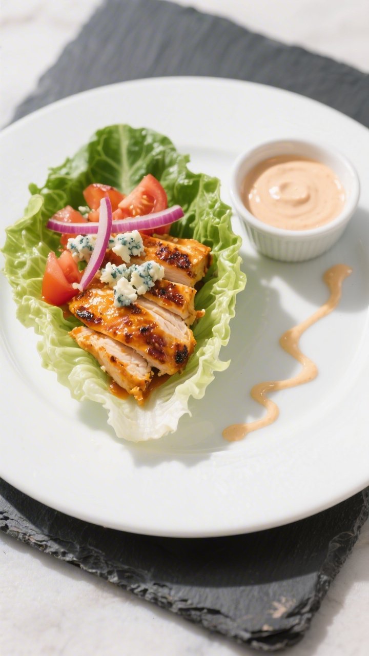 Final plated lettuce wraps: butter or romaine leaves filled with juicy sliced buffalo chicken, visib