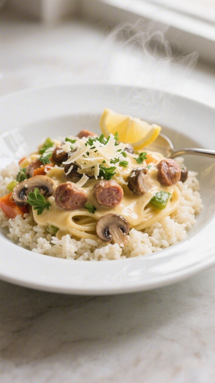 Final plated presentation: a generous serving of the creamy Keto Sausage Alfredo spooned into a wide