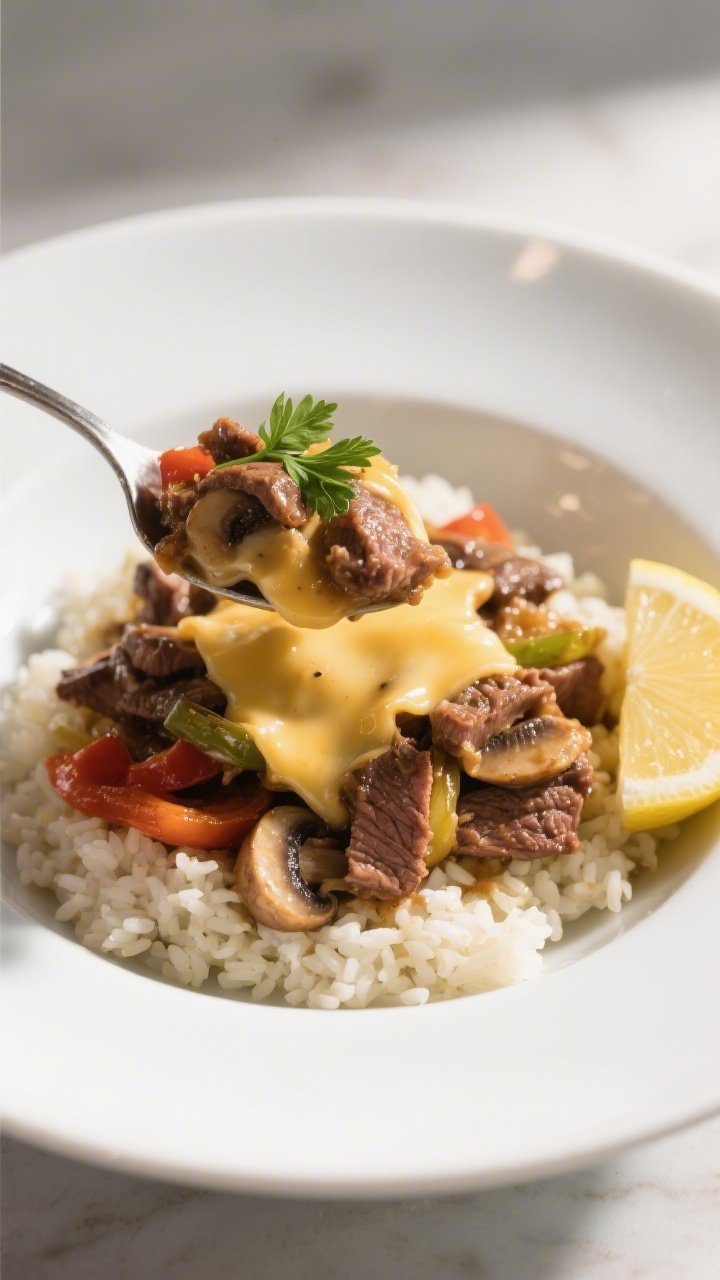 Final plated presentation: A generous spoonful of the cheesesteak mixture over fluffy cauliflower ri