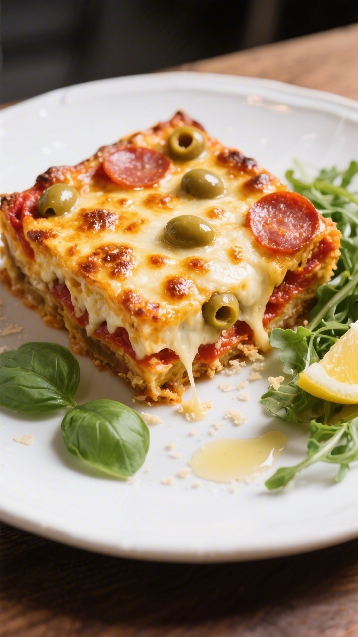 Final plated presentation: A golden, bubbling square of baked Keto Pizza Casserole just after restin