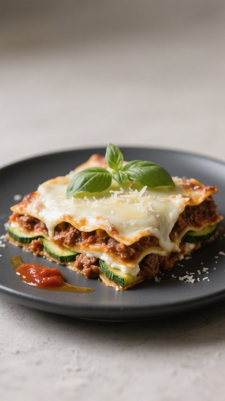 Final plated presentation: A perfectly set square of keto zucchini lasagna on a matte charcoal plate