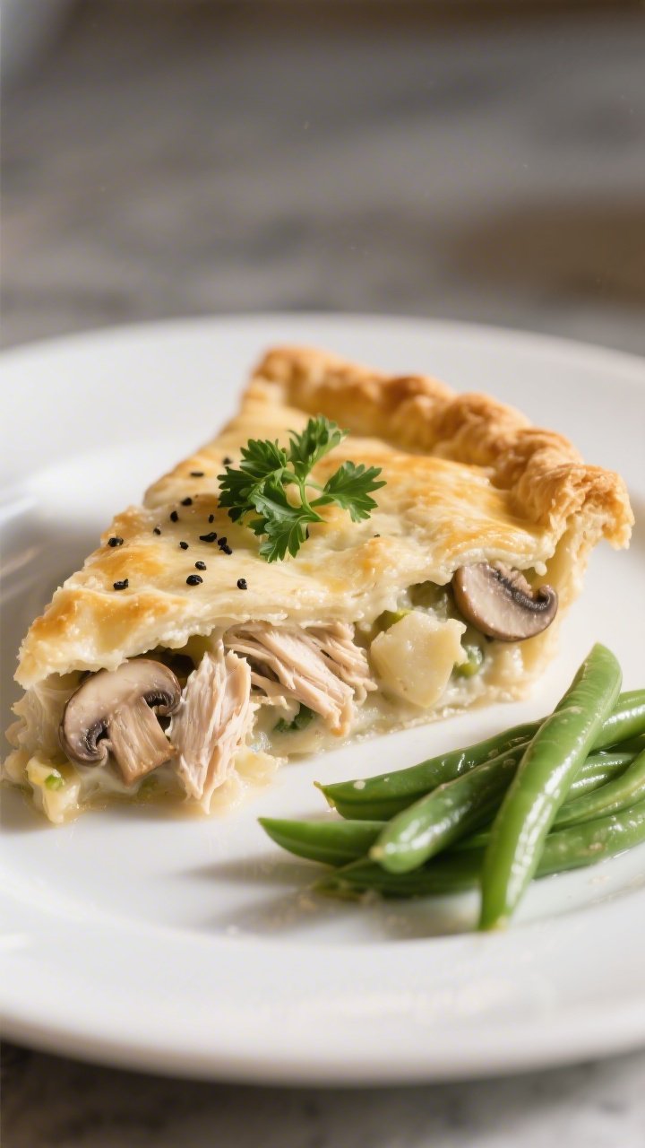 Final plated presentation, cozy comfort: Beautifully plated slice of keto chicken pot pie on a matte