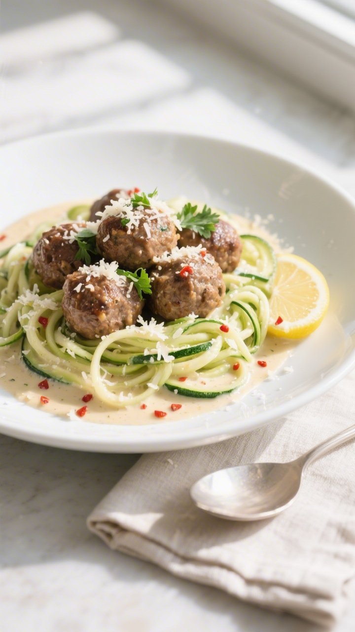 Final plated presentation: Keto meatballs in creamy Parmesan sauce served over twirled zucchini nood