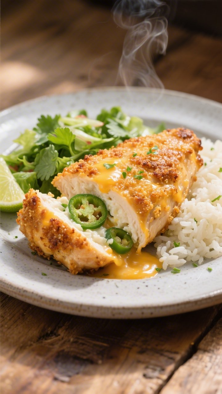 Final plated presentation of Cheesy Jalapeño Popper Chicken as a weeknight-friendly entrée: one wh