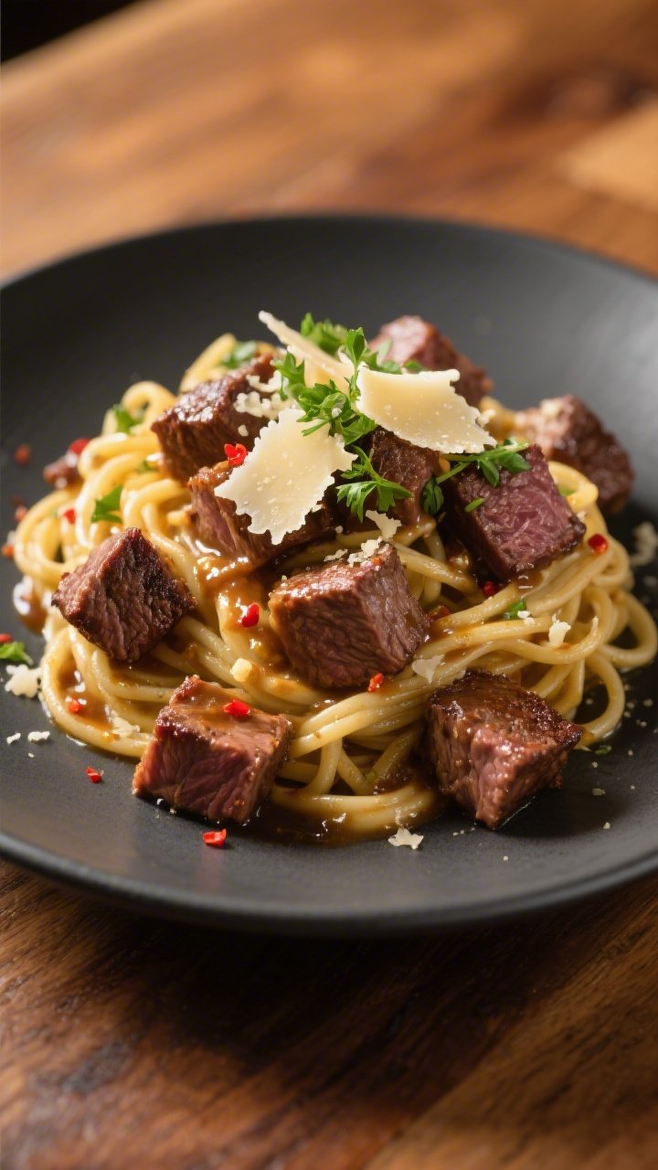 Final plated presentation: Restaurant-quality plate of Parmesan Garlic Steak Bites piled over al den