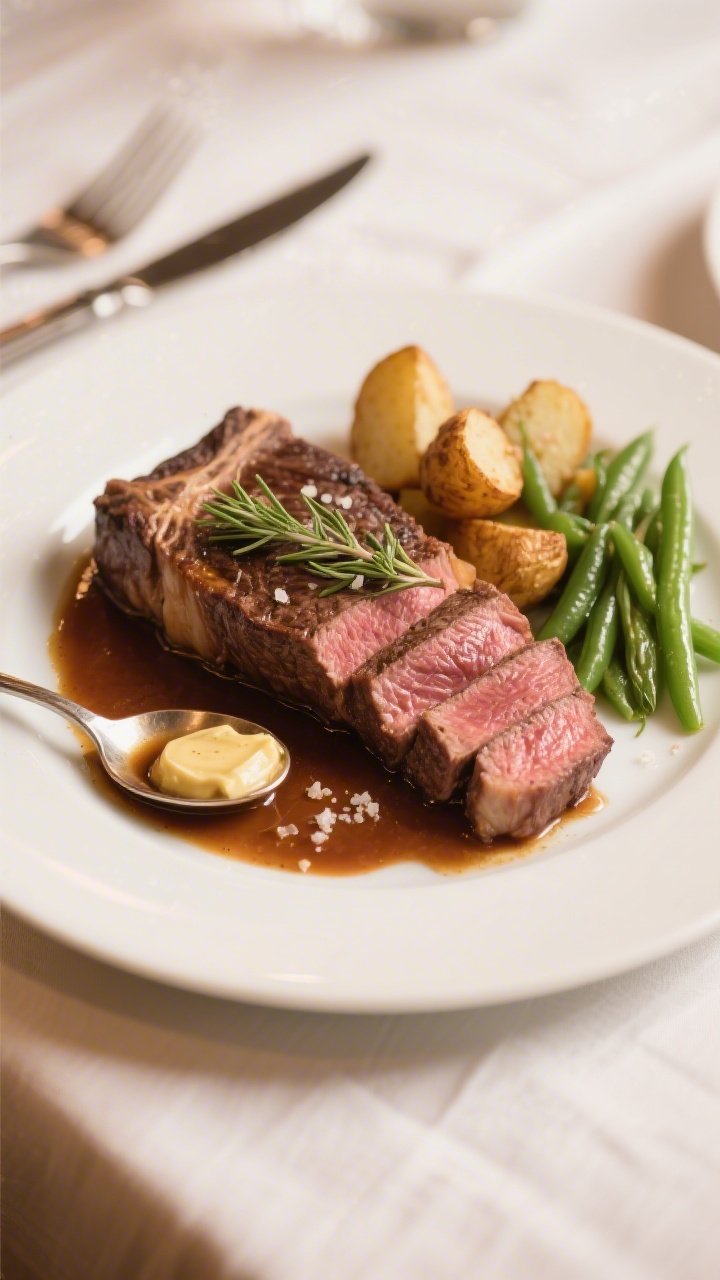 Final plated presentation: Restaurant-quality plating of whole steak served on a warm white plate, s