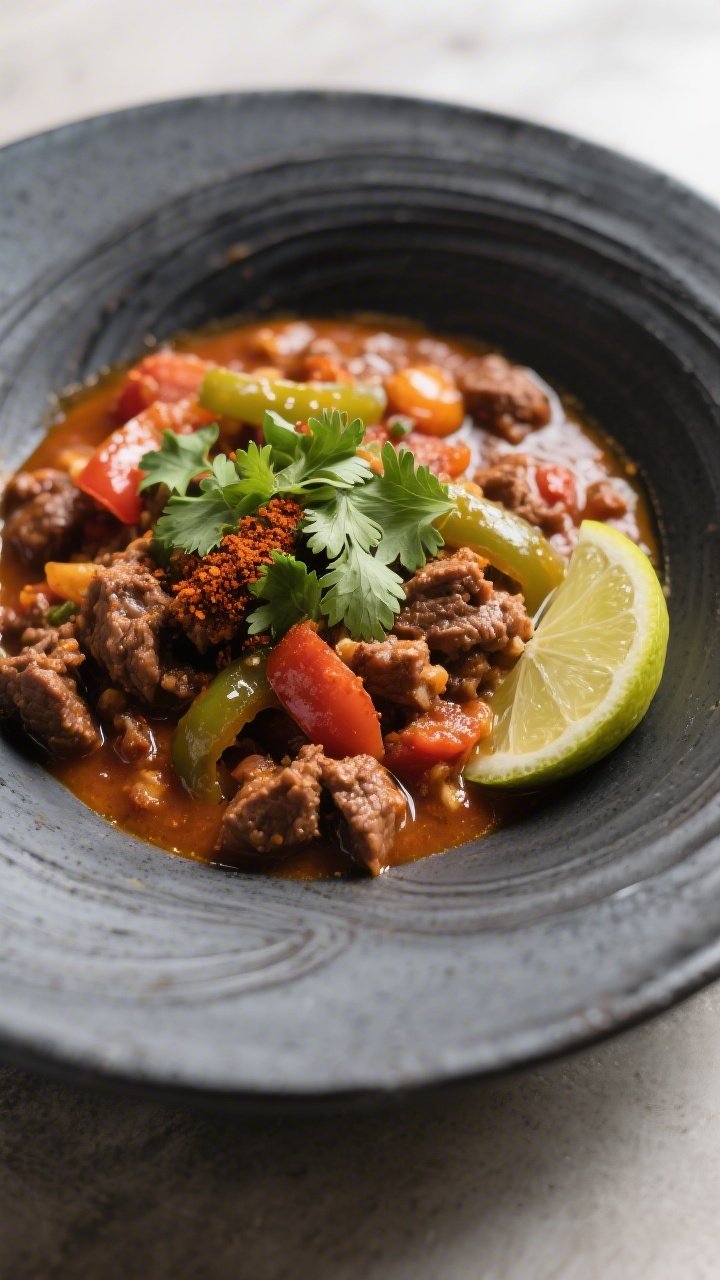 Final plated presentation: Restaurant-quality plating of keto chili in a charcoal ceramic bowl, the
