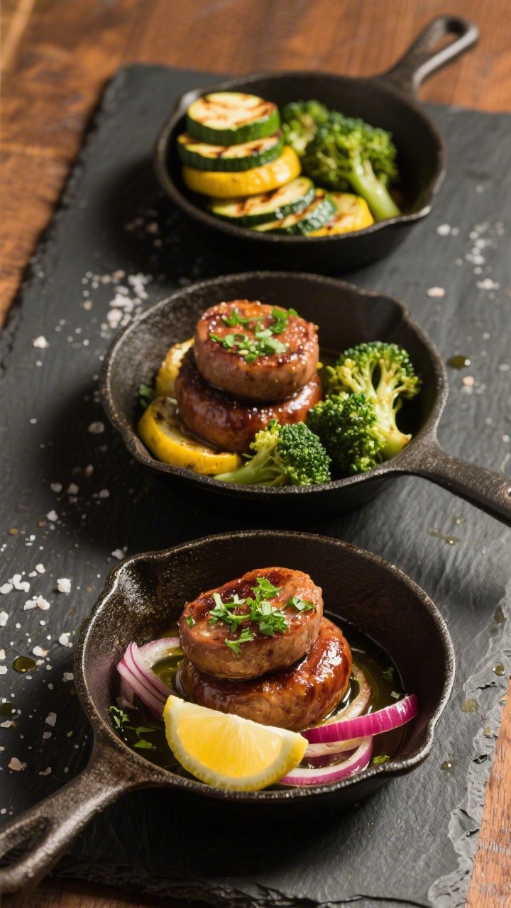 Final plated, restaurant presentation: Three composed servings of the skillet on a dark slate plate,