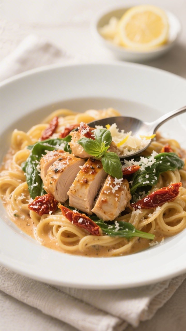 Final plated restaurant-style dish: Creamy Sun-Dried Tomato Chicken Skillet served over al dente pas