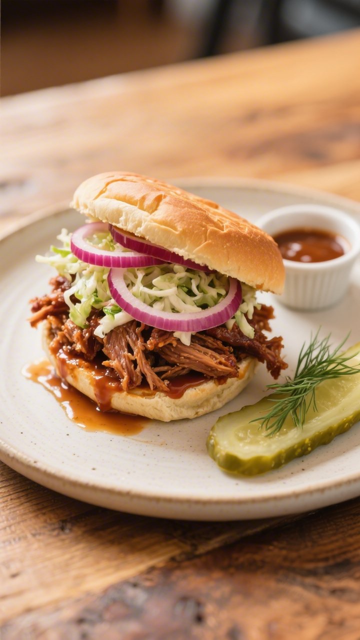 Final plated sandwich: Beautifully plated Keto BBQ Pulled Pork on a toasted low-carb bun, generously