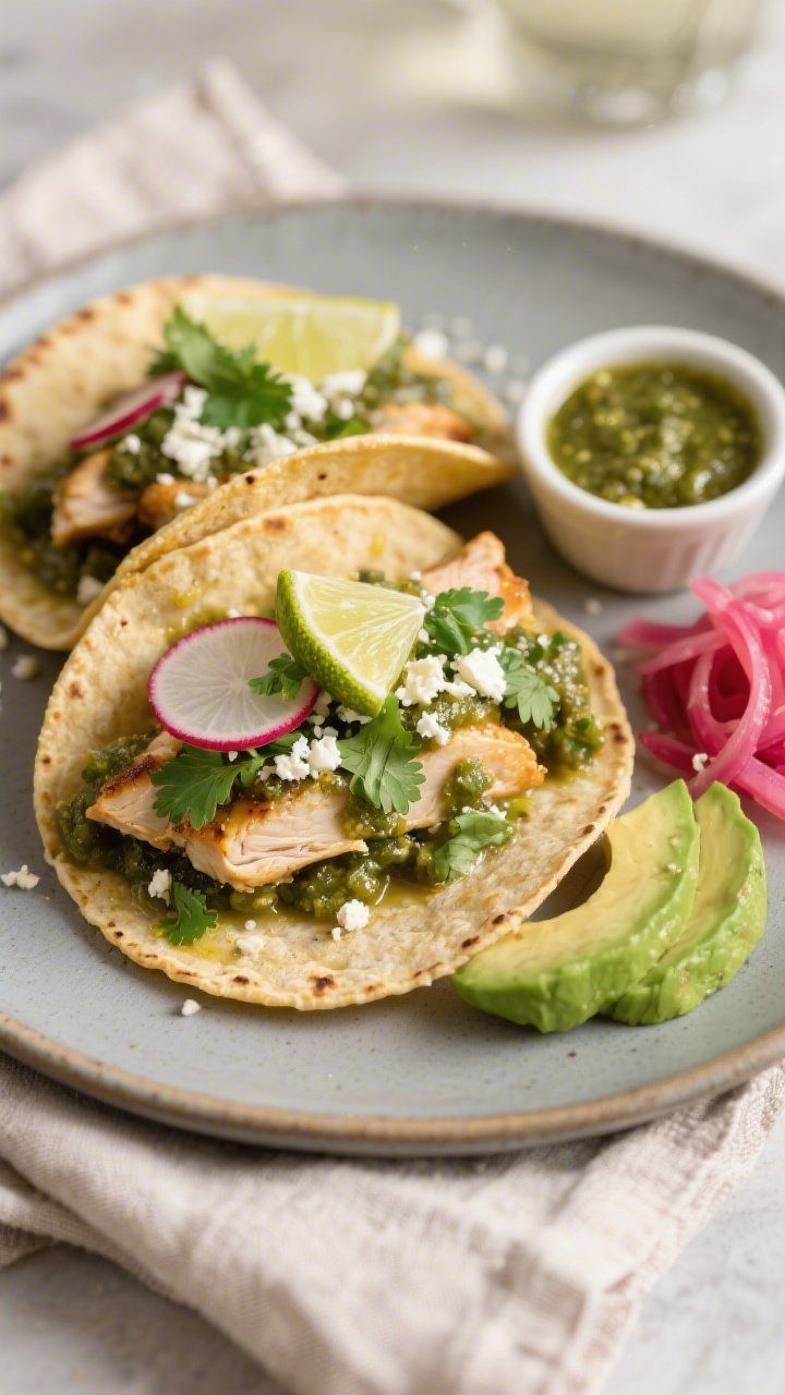 Final plated tacos beauty shot: Two street-style corn tortillas filled with salsa verde chicken, sau