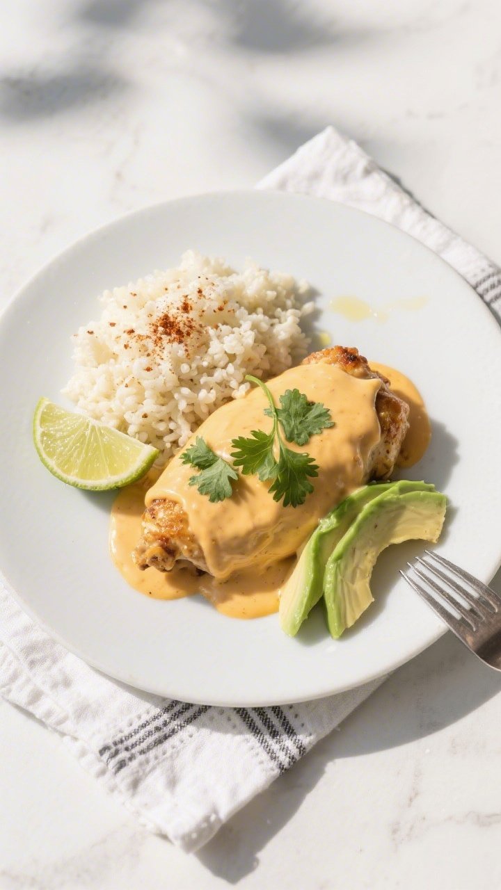 Final plated, top-down presentation: Overhead shot of Keto Queso Smothered Chicken plated on a matte