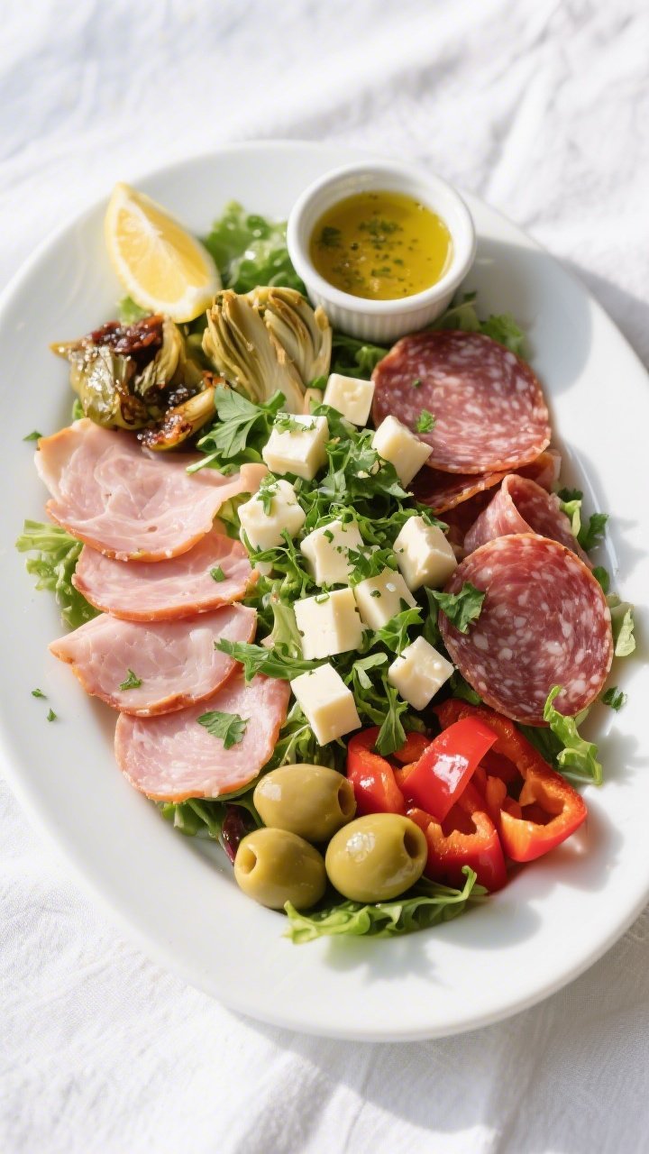 Final plated, top view: Restaurant-quality overhead shot of the finished Keto Antipasto Salad arrang