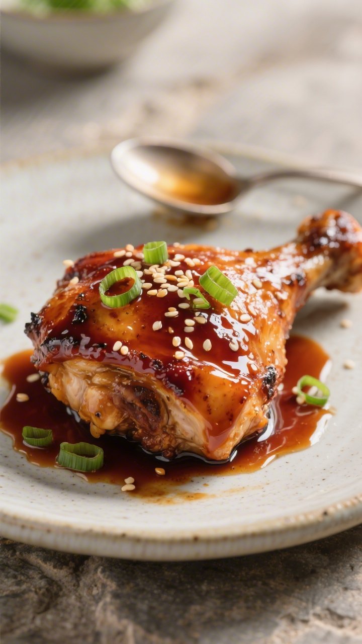Final presentation, close-up detail: Extreme close-up of whole glazed teriyaki chicken thigh on a ce