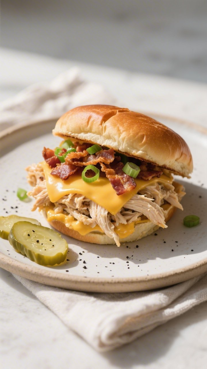 Final sandwich presentation: Beautifully plated crack chicken sandwich piled high on a toasted brioc