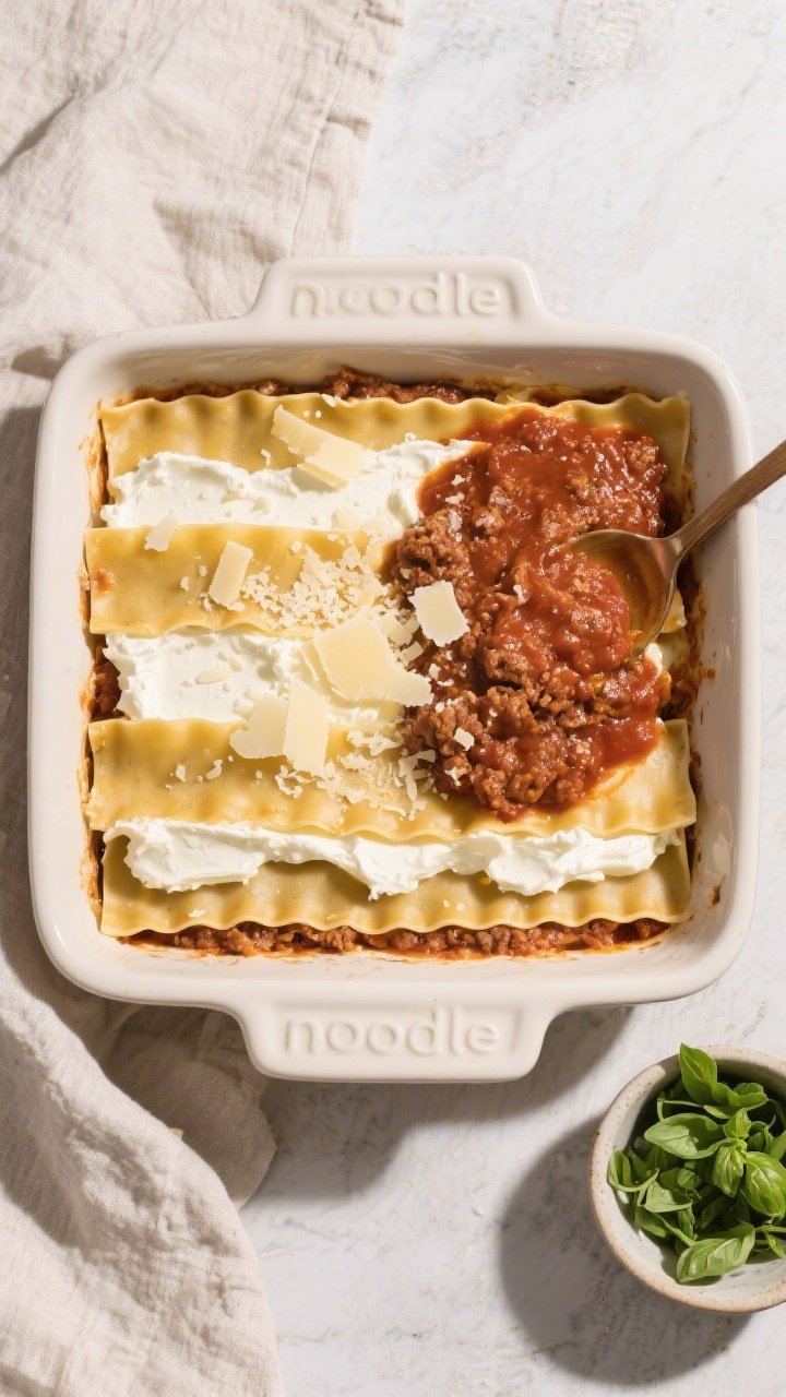 Overhead assembly shot: of a partially assembled keto lasagna in a 9x9 ceramic baking dish—structu