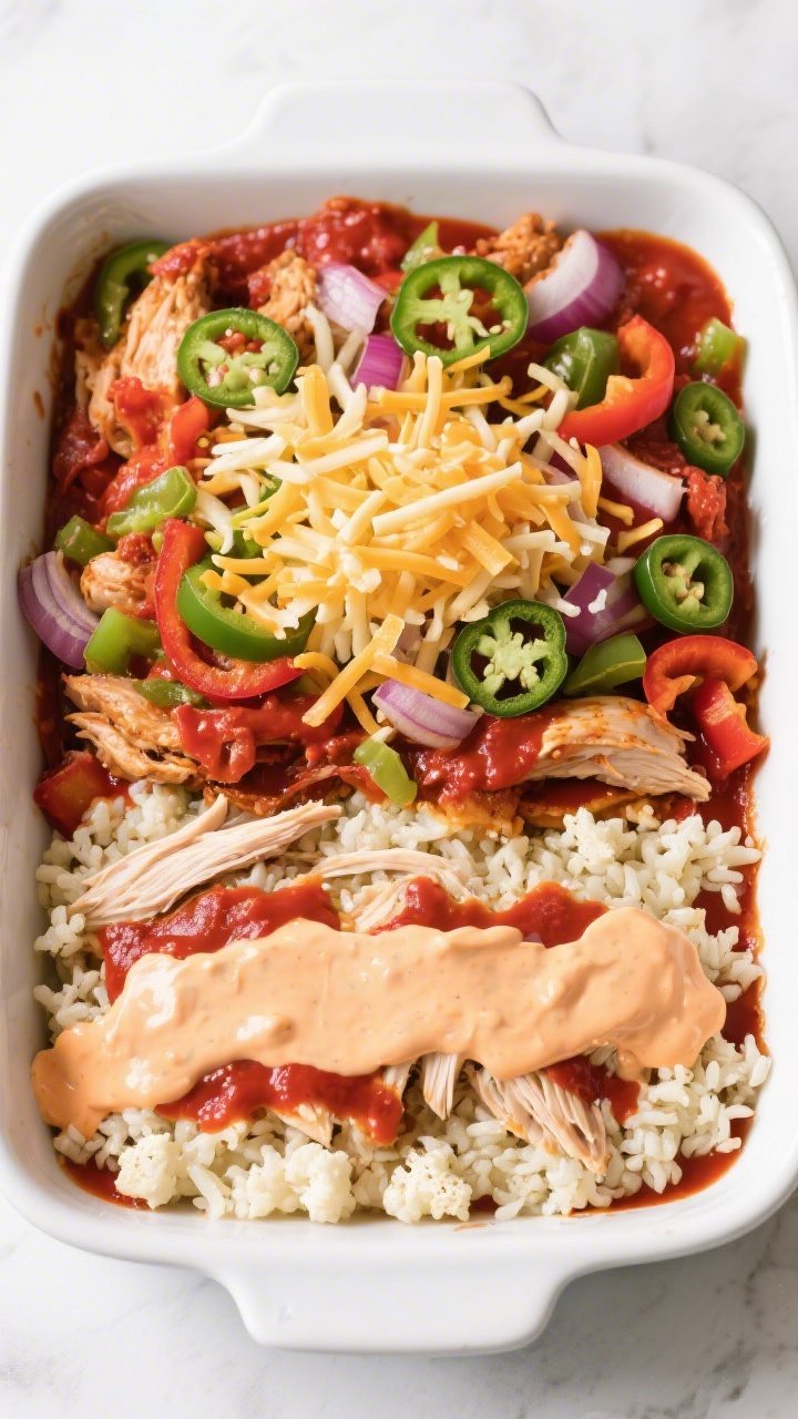 Overhead assembly shot: of the casserole mid-layering in a 9x13 white baking dish—well-dried, cook