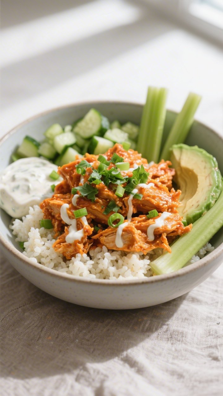 Overhead “bowl build” shot of buffalo chicken bowls: saucy shredded buffalo chicken over fluffy 