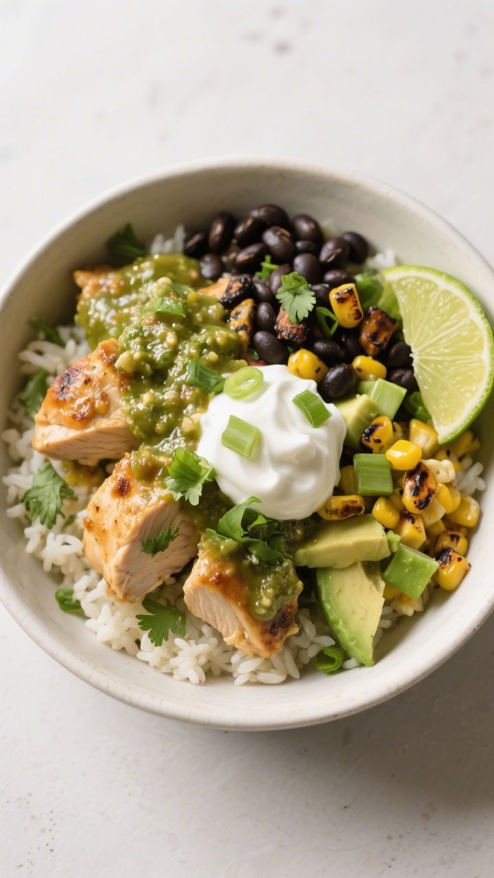 Overhead bowl presentation: of a vibrant burrito bowl—cilantro-lime rice base topped with saucy sa