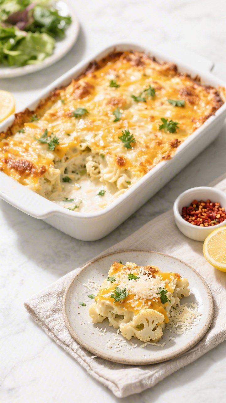 Overhead final presentation of Keto Cauliflower Alfredo Bake served in a white 9x13 baking dish with