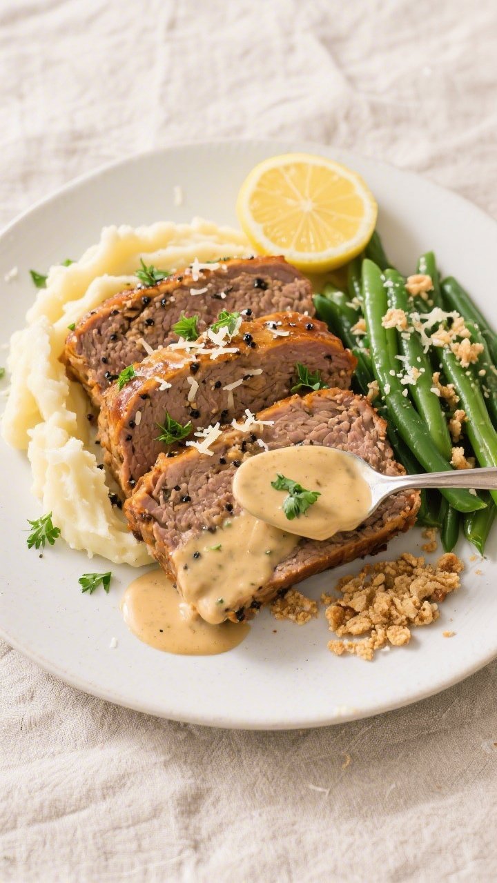 Overhead final slice service: Tasty top-view of thick-cut slices of Creamy Garlic Butter Meatloaf on