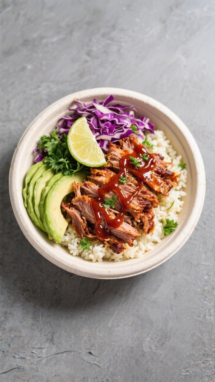 Overhead meal-prep bowl: Tasty top-down shot of a Keto BBQ Pulled Pork bowl over buttery cauliflower