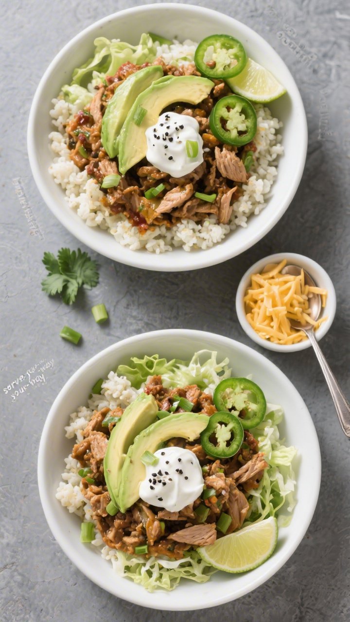 Overhead “serve-your-way” spread: top-down shot of bowls filled with the turkey taco skillet ove