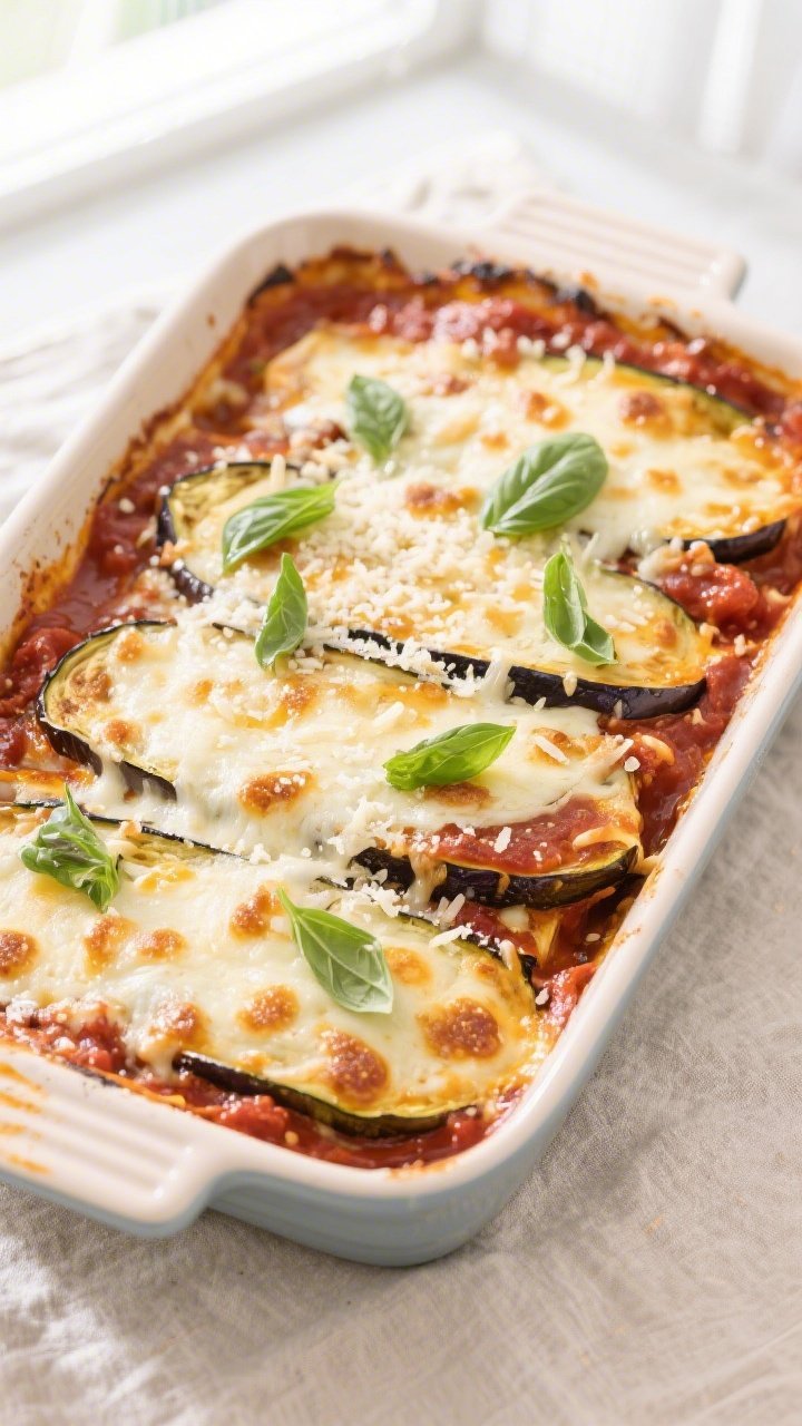 Overhead shot of a 9x13-inch baking dish of cheesy keto baked Eggplant Parmesan just finished broili