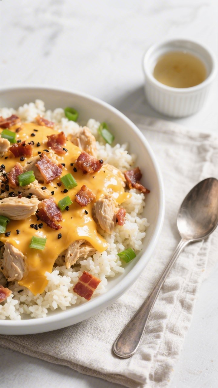 Overhead “tasty top view”: Final Keto Crack Chicken served over fluffy cauliflower rice in a wid
