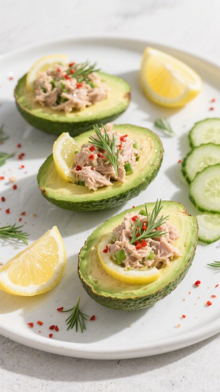 Overhead “tasty top view”: Keto Avocado Tuna Salad Boats arranged on a matte white platter, each