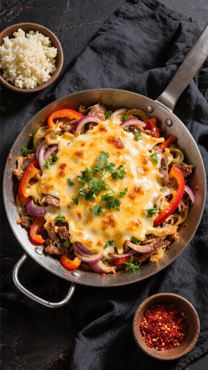 Overhead “tasty top view”: Keto Philly Cheesesteak Skillet served family-style in a wide stainle