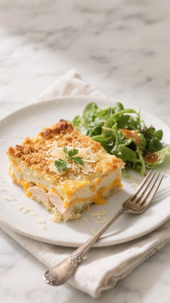 Overhead “tasty top view” of a neatly scooped serving plated: a generous square of the casserole