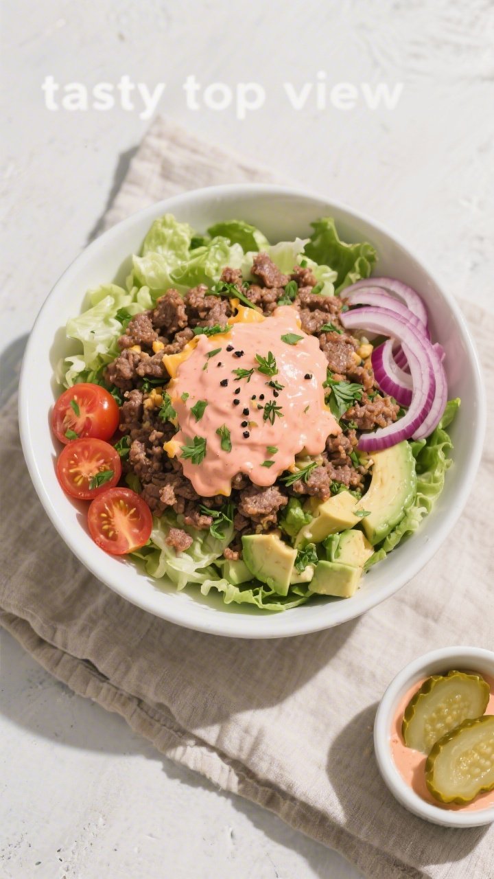 Overhead “tasty top view” of assembled Keto Cheeseburger Bowl: crisp chopped romaine as the base