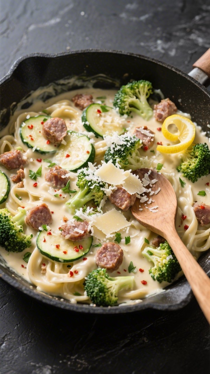 Overhead “tasty top view” of Keto Sausage Alfredo Skillet in-pan: creamy Alfredo sauce clinging 