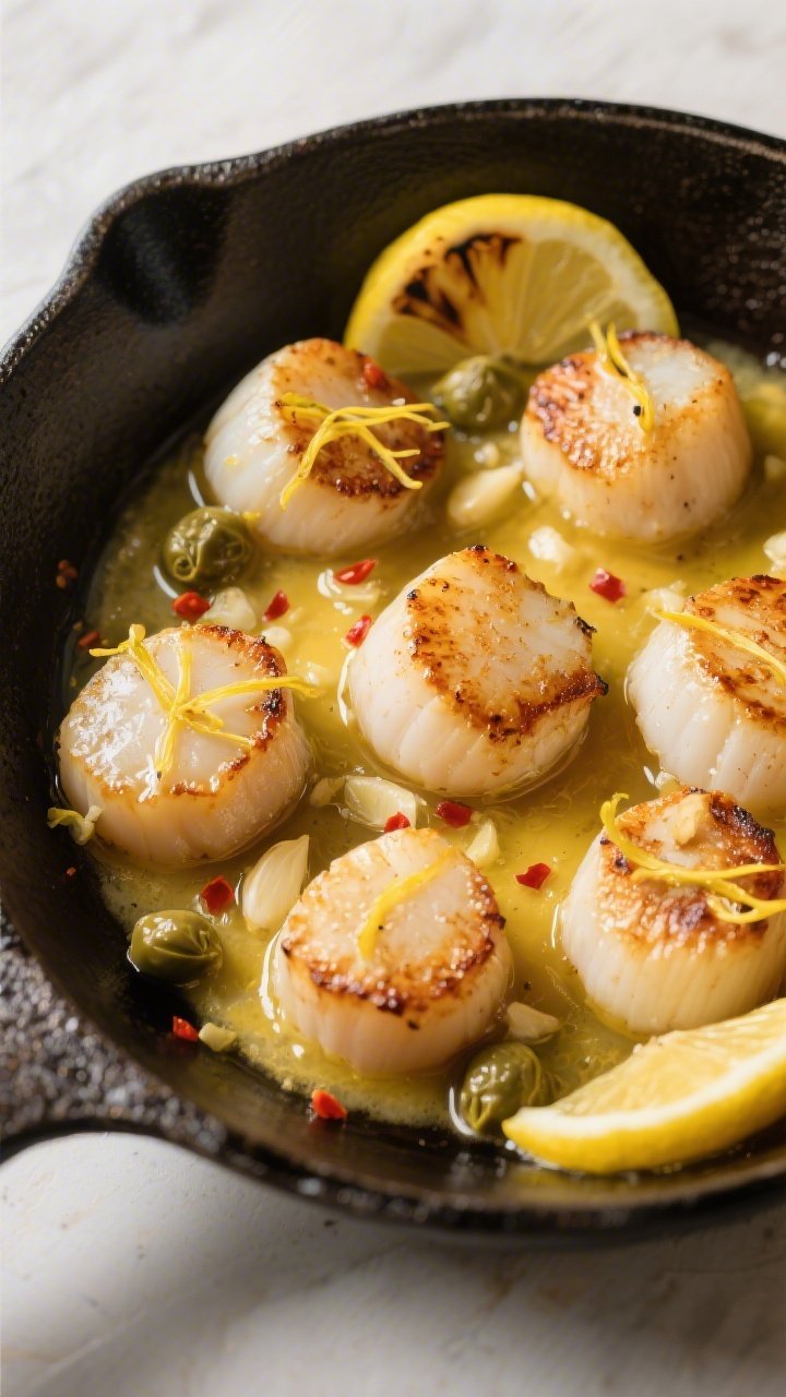 Overhead “tasty top view” of scallops returned to the skillet for saucing: cast-iron pan filled