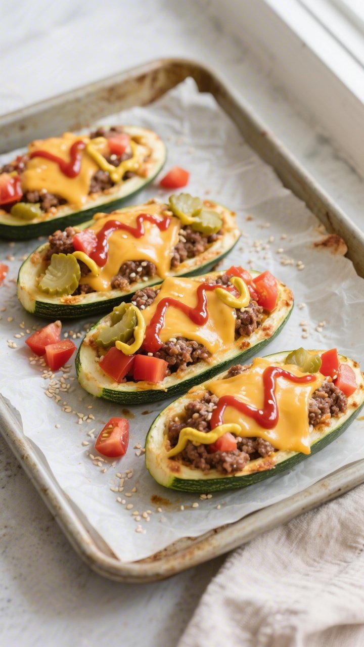 Overhead “tasty top view” of stuffed zucchini boats on a sheet pan: Four par-baked zucchini halv