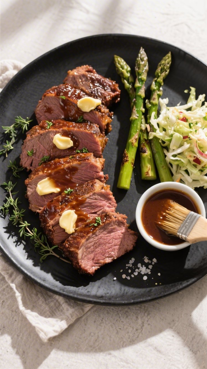 Overhead “tasty top view” of the final plated brisket: neat 1/4-inch slices fanned on a matte bl