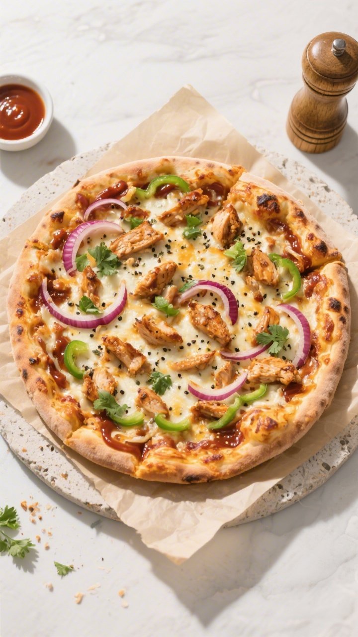 Overhead “tasty top view” of the full 12-inch keto BBQ chicken pizza on parchment over a pizza s