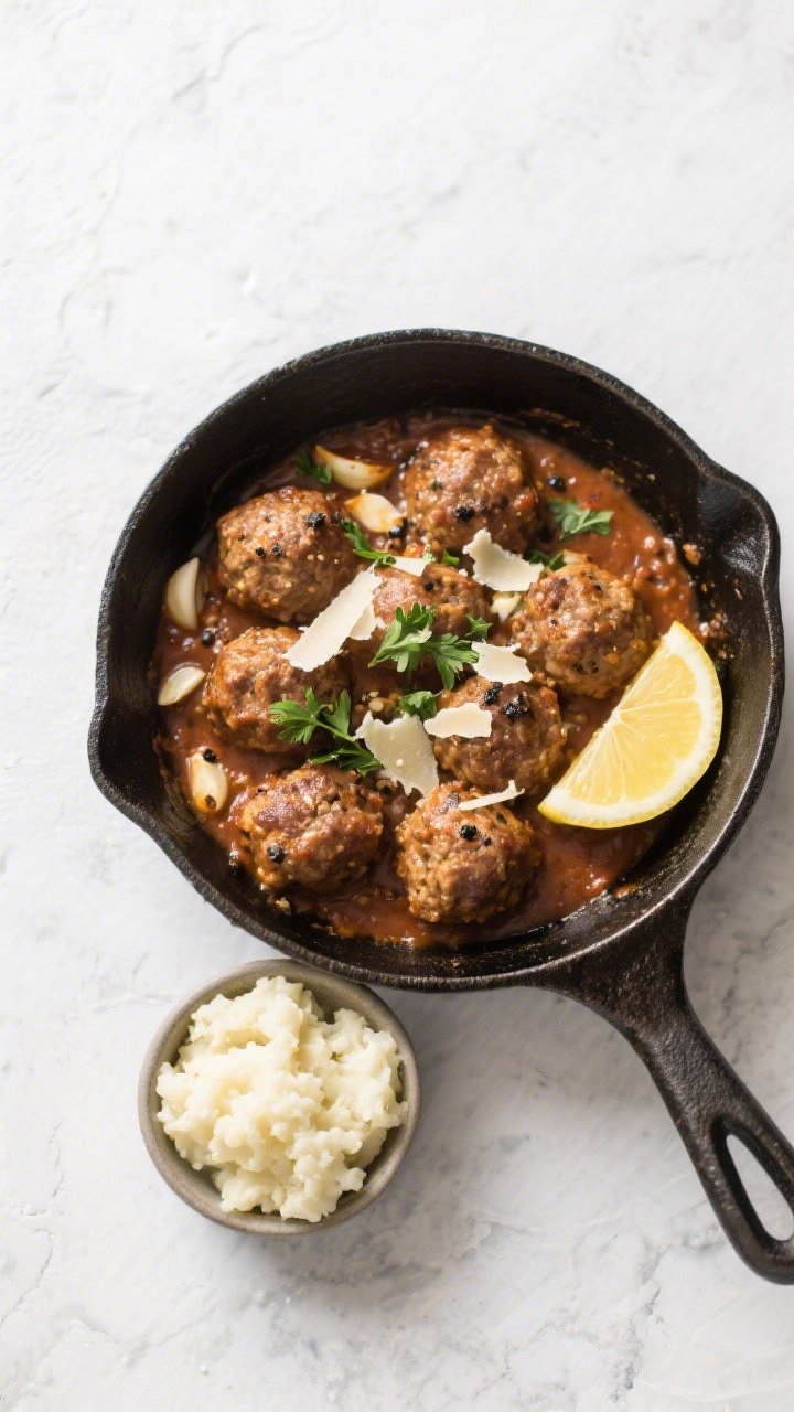 Overhead “tasty top view” process-to-serve moment: Skillet of finished meatballs in sauce on a l