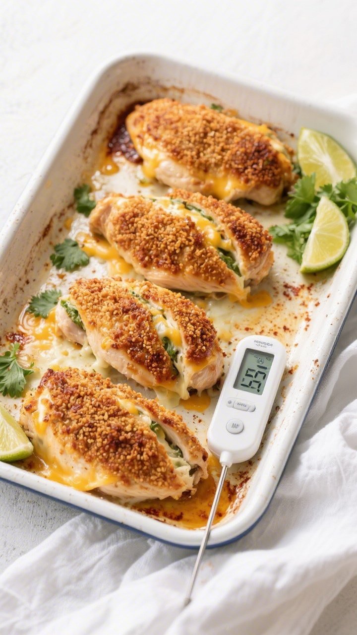 Overhead, tasty top-view shot of four stuffed chicken breasts just out of the oven in a 9x13 baking 