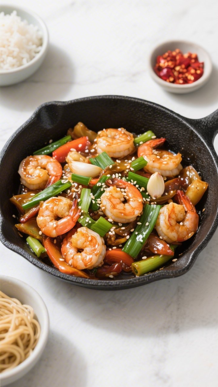 Overhead tasty top view: Top-down shot of Garlic Shrimp Stir Fry served family-style in a matte blac
