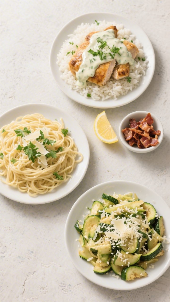 Overhead “tasty top view” variation board: Top-down shot of three servings showing presentation 