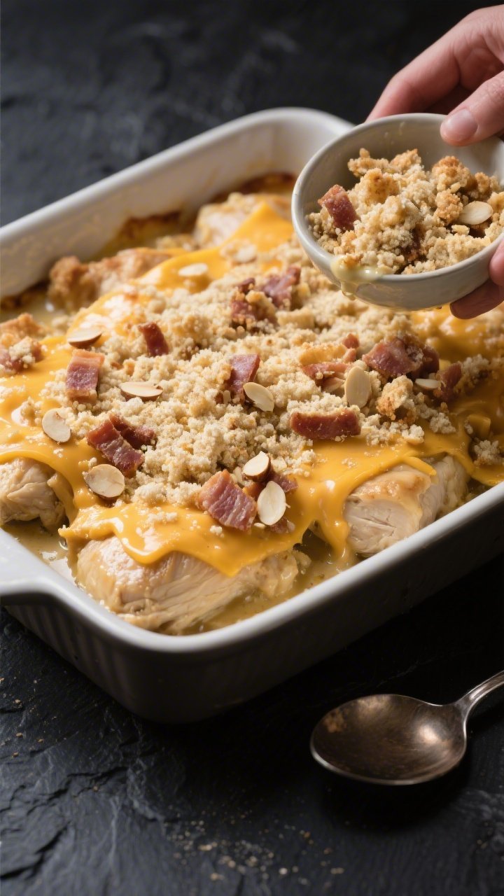Process shot, three-quarters angle, showing the “add the crunch” step: the assembled casserole a