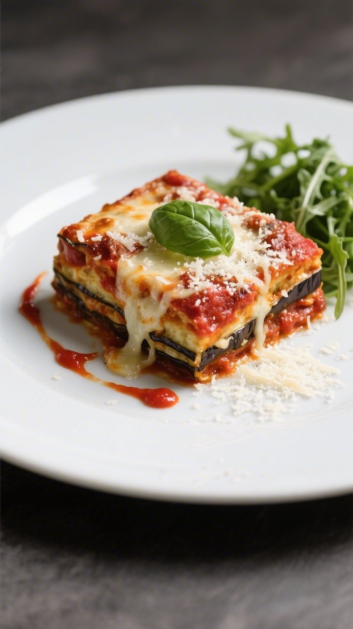 Restaurant-quality plated final dish: a neat square of baked Eggplant Parmesan set on a matte white 