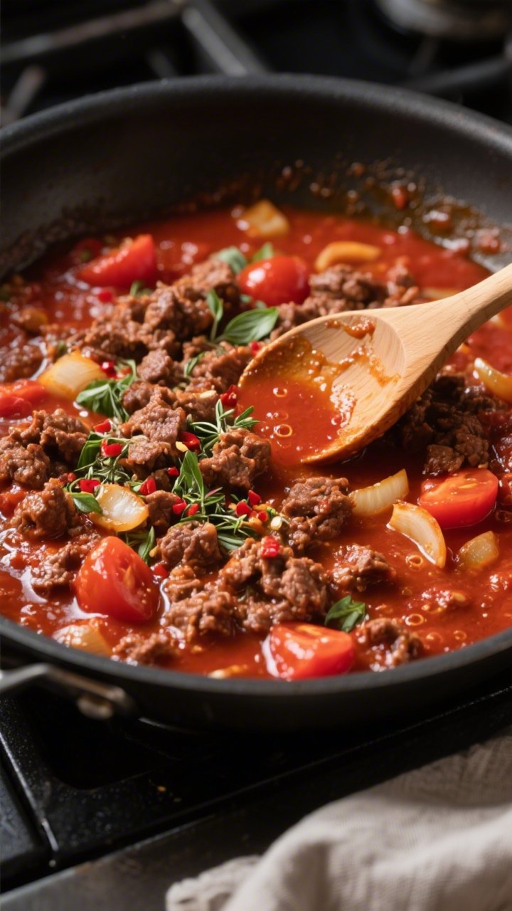 Sauce-building action shot: Thick, garlicky meat sauce simmering in a wide skillet—crumbled browne