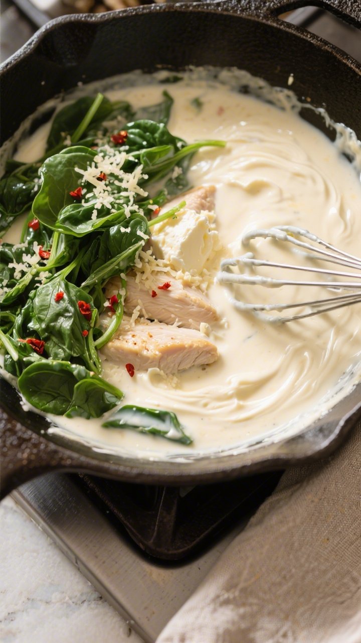 Sauce-building beauty shot, overhead: Silky cream cheese chicken sauce mid-simmer in a cast-iron ski