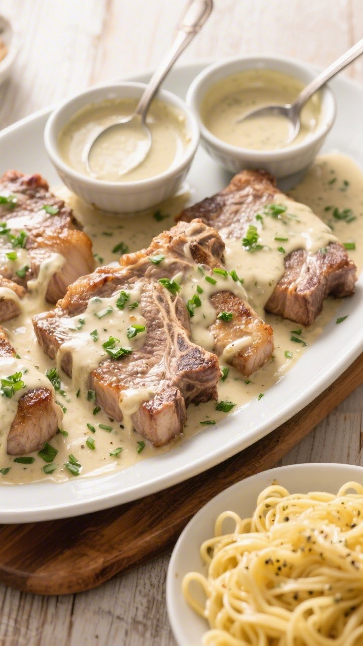 Tasty family-style serving: Overhead shot of a serving platter with tender pork chops bathed in crea